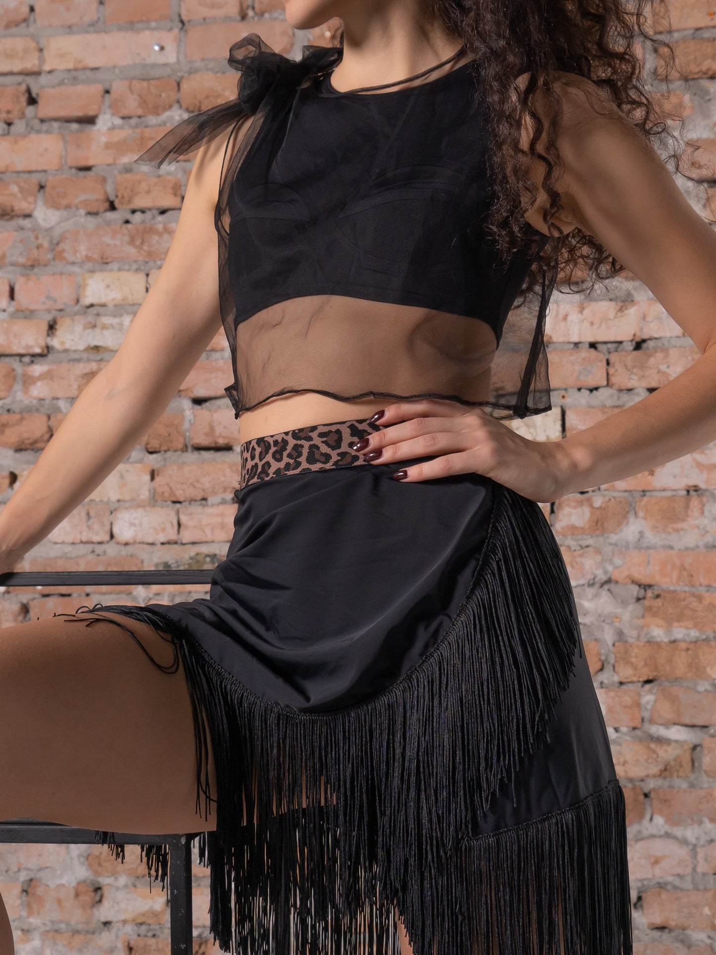 Fringed Skirt with Animal-Print Waist